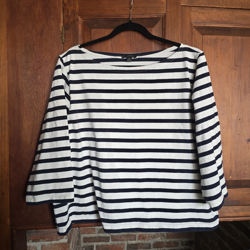 J. Crew Navy and White Striped Boat Neck 3/4 Sleeve Top - 3X - 100% Cotton